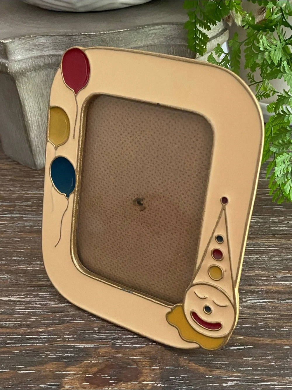 Vtg Bucklers Brass Enamel Clown Balloons Picture Frame Beige Red Yellow Blue 4x6
